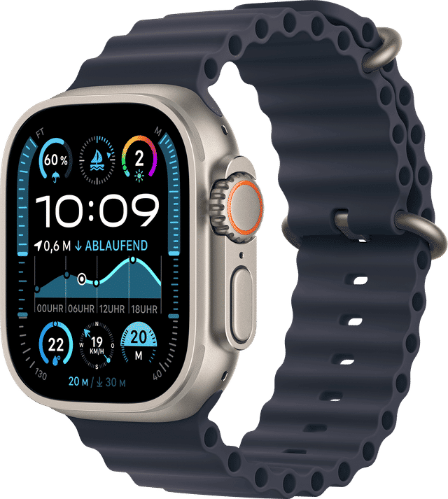 Apple Watch Ultra 2 - Schwarz mit Ocean Armband in Marine - Seitenansicht Apple Watch Ultra 2