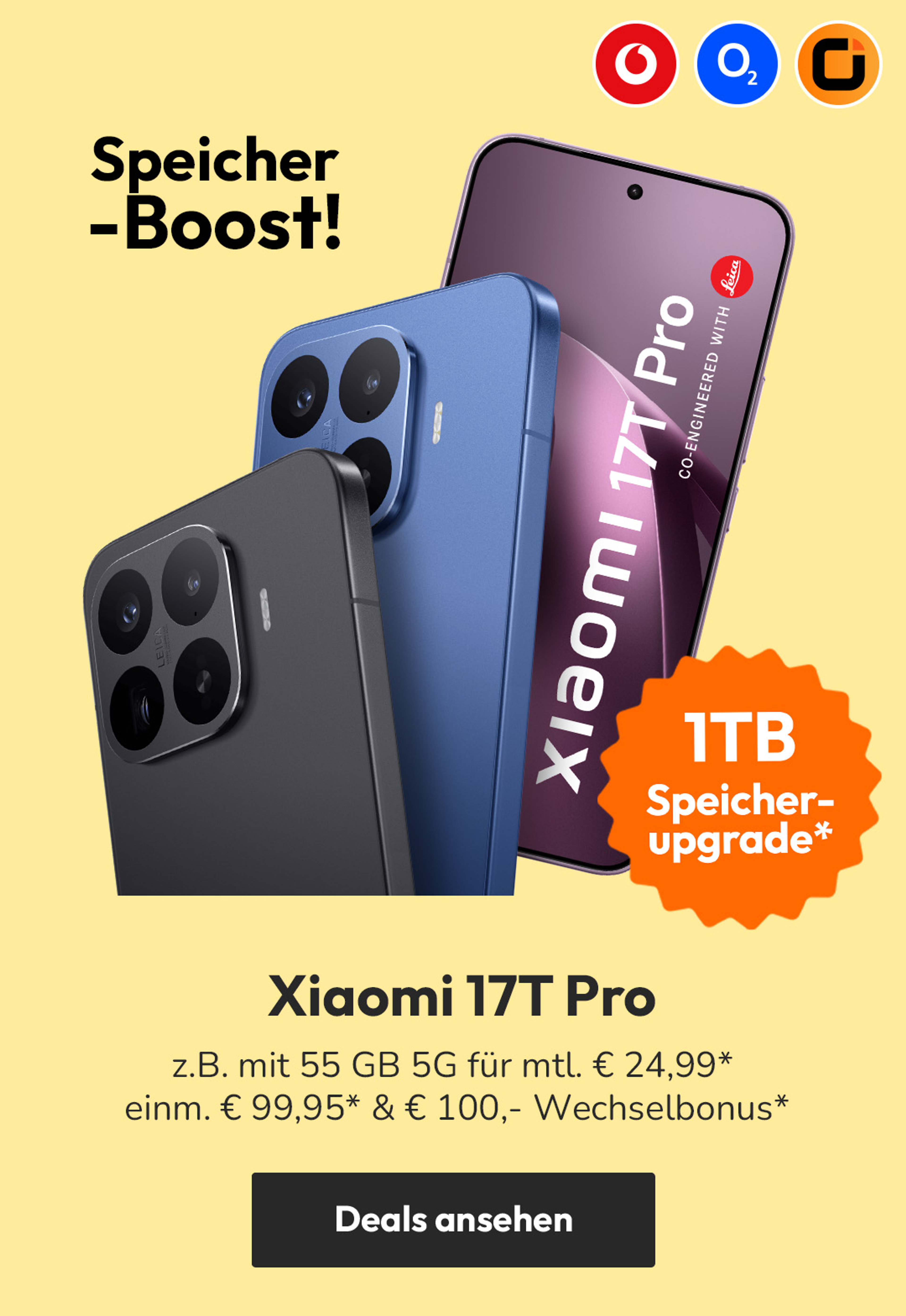 Speicher-Boost! Xiaomi 17T Pro z.B. mit 55 GB 5G für mtl. € 24,99* | einm. € 99,95* & € 100,- Wechselbonus*