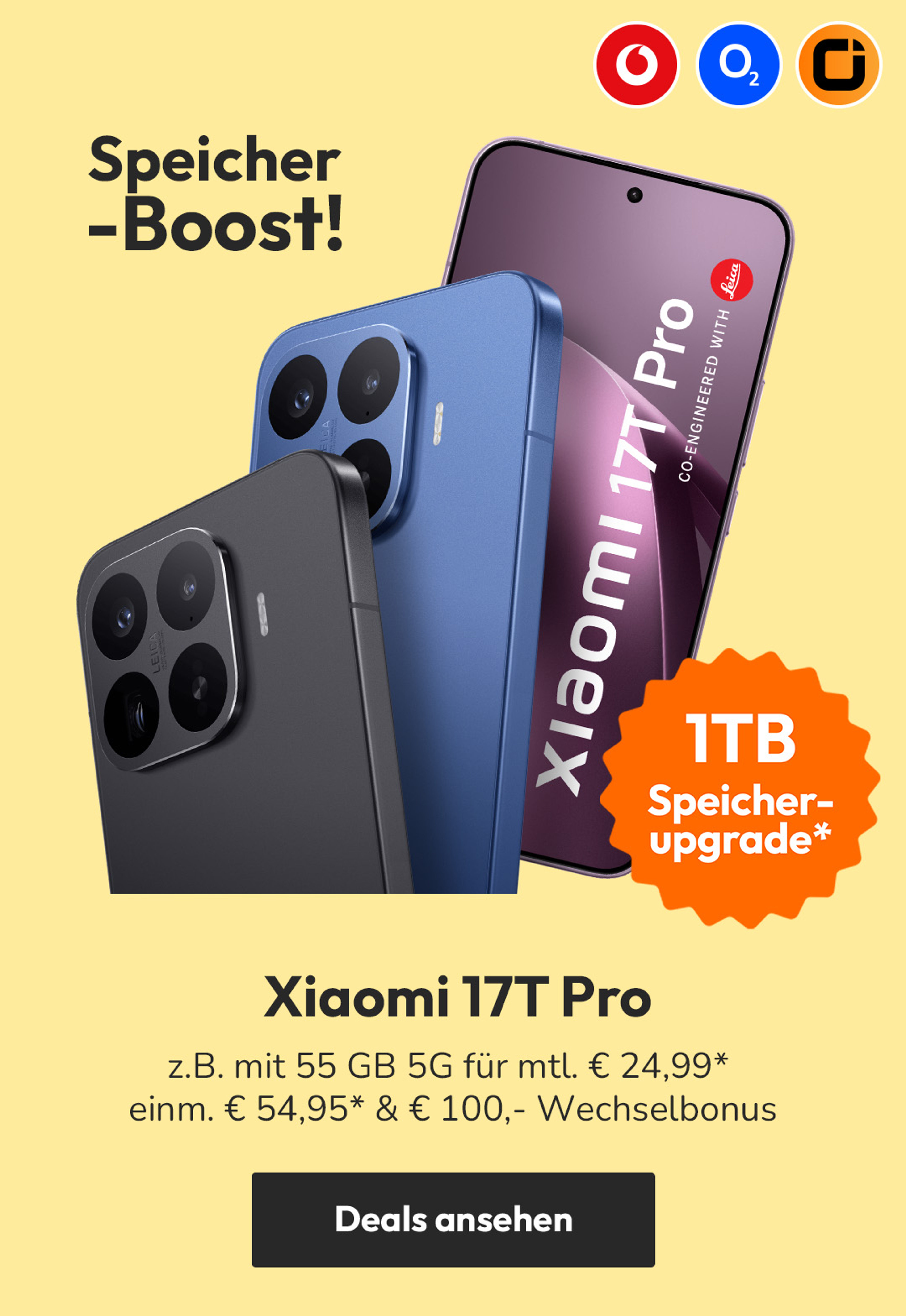 Speicher-Boost! Xiaomi 17T Pro z.B. mit 55 GB 5G für mtl. € 24,99* | einm. € 54,95* & € 100,- Wechselbonus*