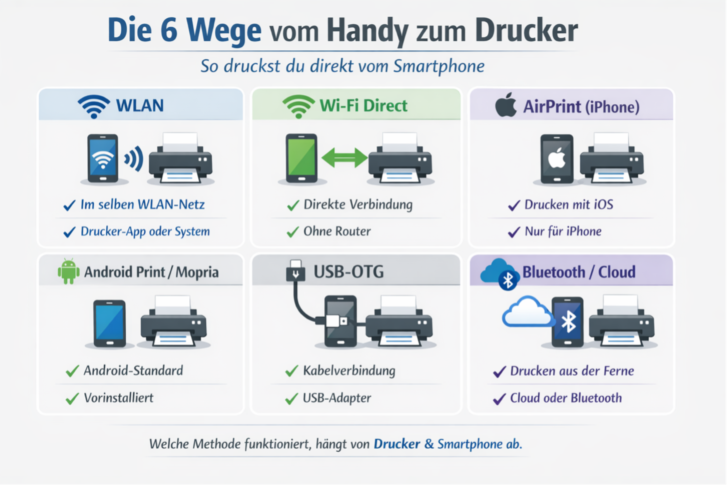 Infografik zu allen Möglichkeiten, ein Handy oder Smartphone mit einem Drucker zu verbinden