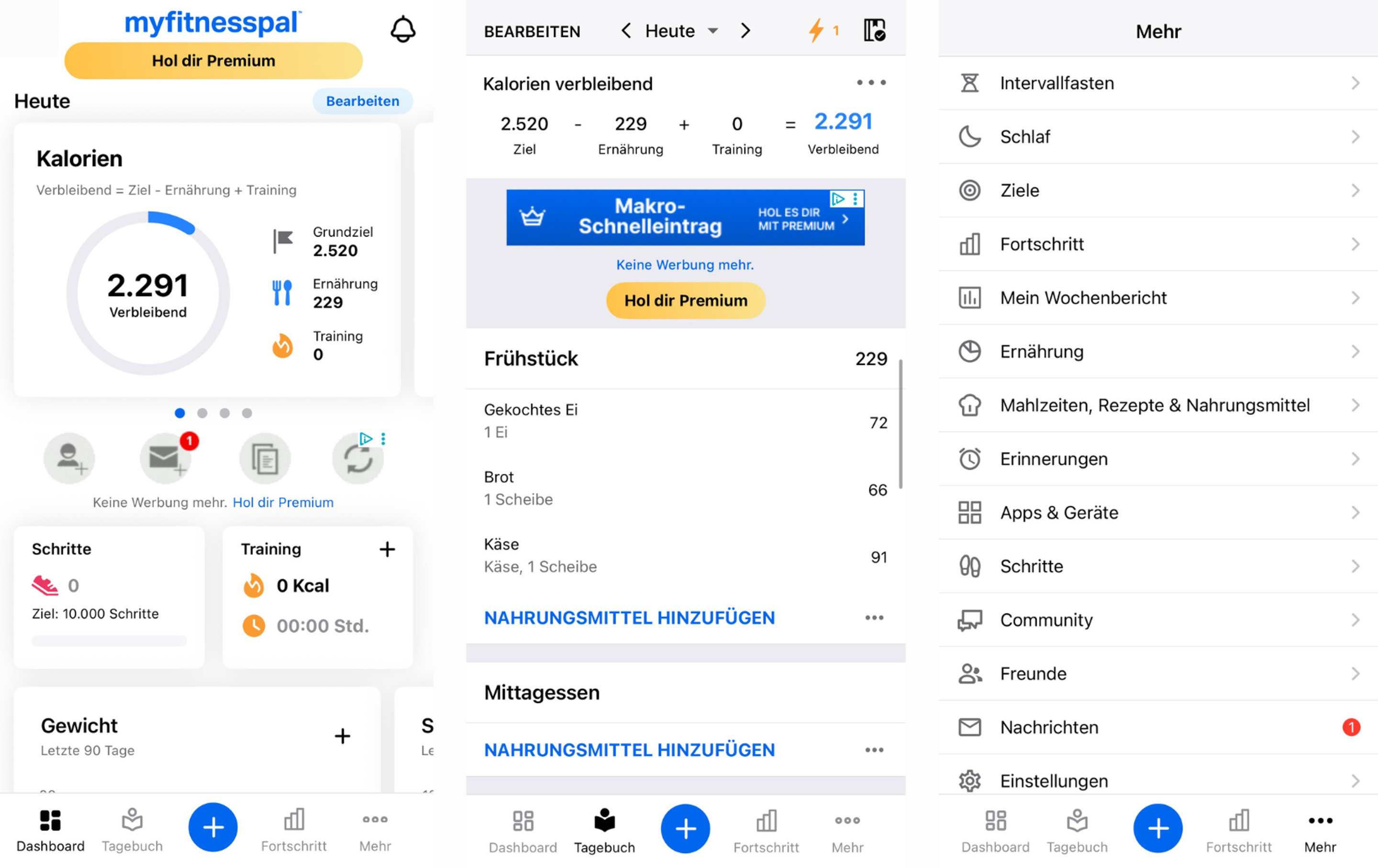 Screenshots der App MyFitnessPal
