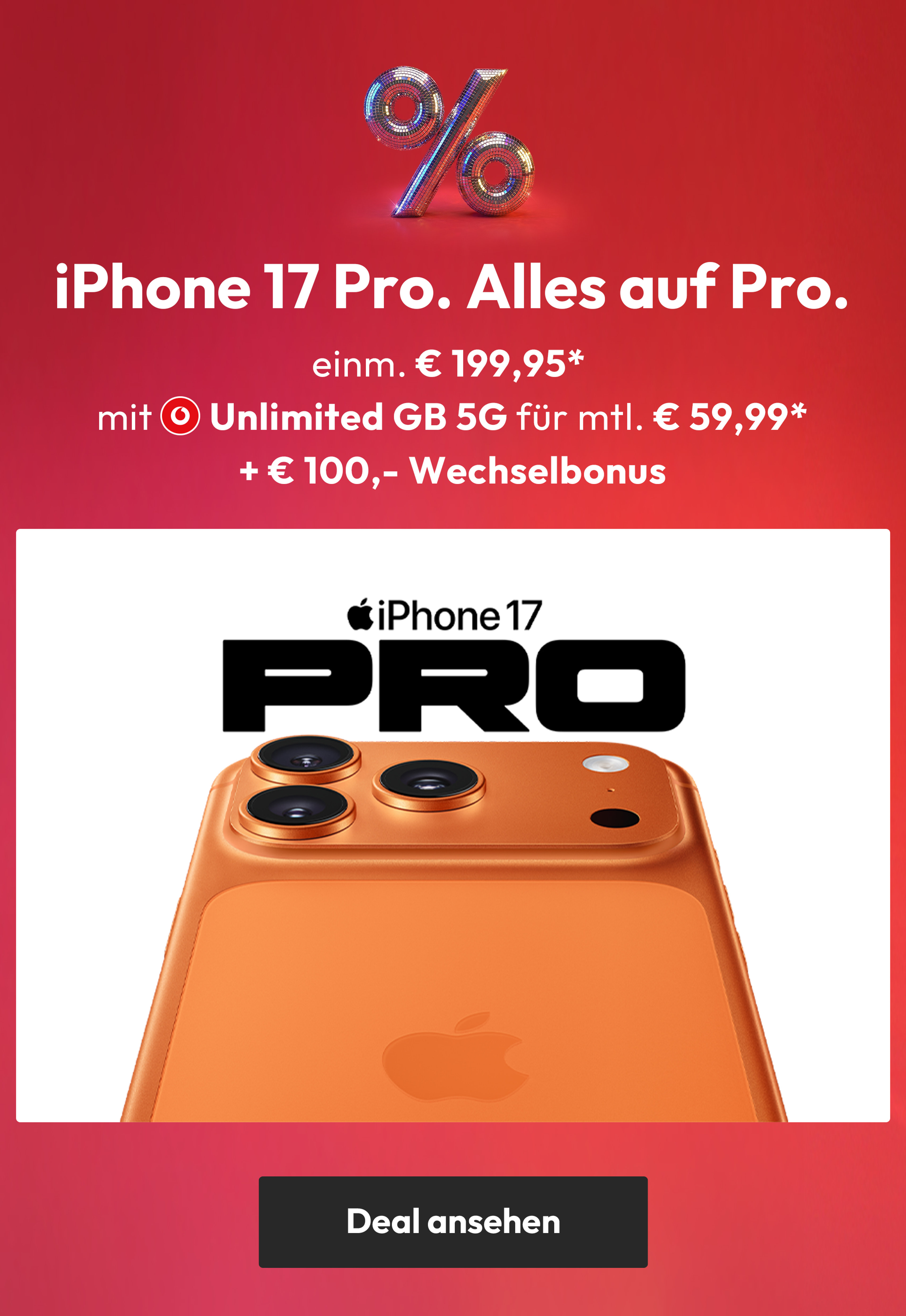 Sparhandy Geburtstag - Fokus iPhone 17 Pro mit Smart XXL mit Unlimited 5G für mtl. € 59,99* | einm. € 199,95*