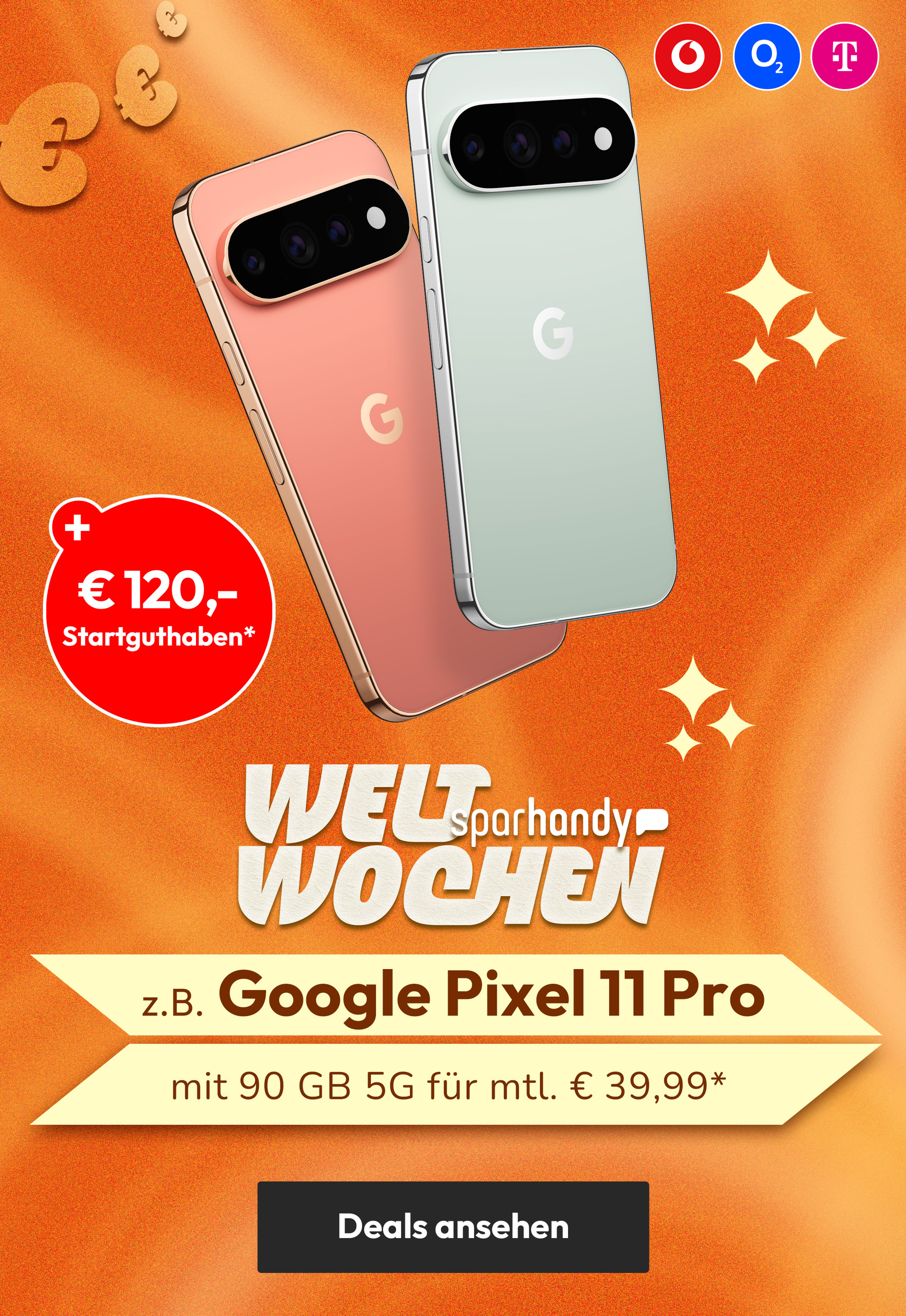 z.B. Google Pixel 11 Pro mit 90 GB 5G für mtl. € 39,99*
