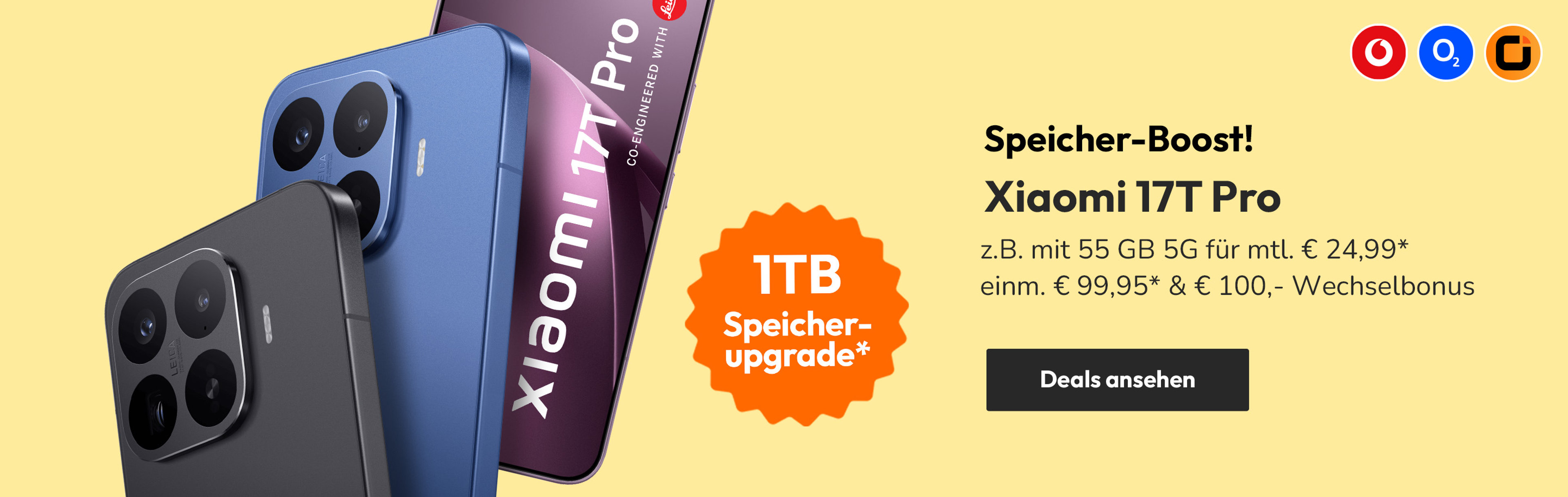 Speicher-Boost! Xiaomi 17T Pro z.B. mit 55 GB 5G für mtl. € 24,99* | einm. € 99,95* & € 100,- Wechselbonus*