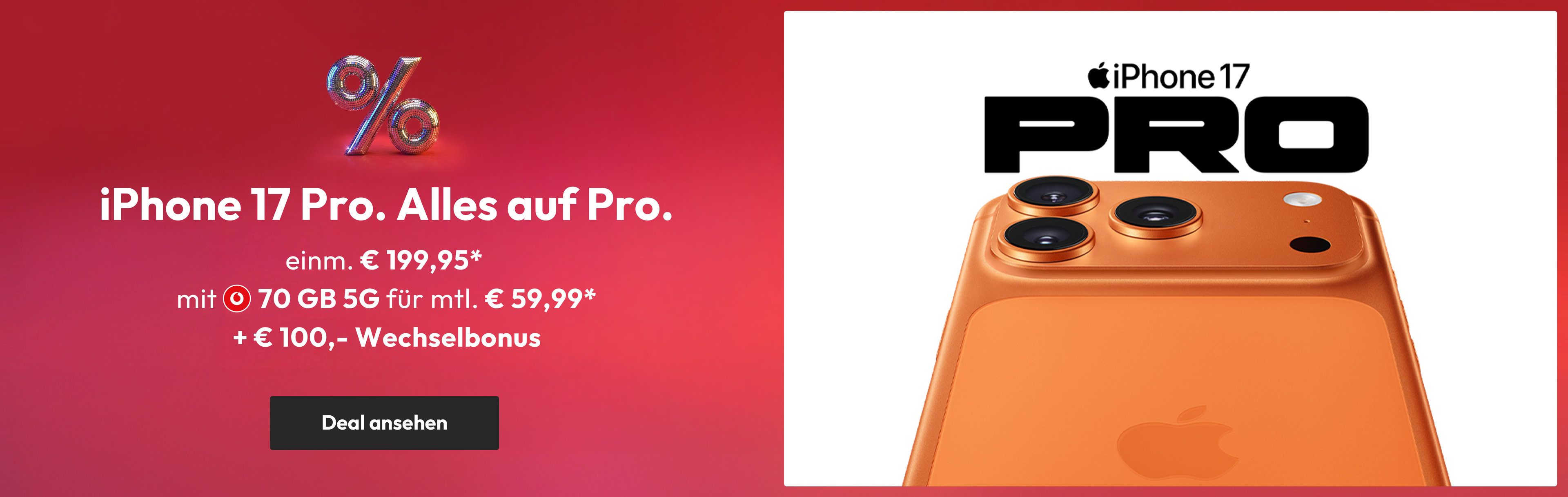 Sparhandy Geburtstag - Fokus iPhone 17 Pro mit Smart XXL mit 300 GB 5G für mtl. € 59,99* | einm. € 199,95*