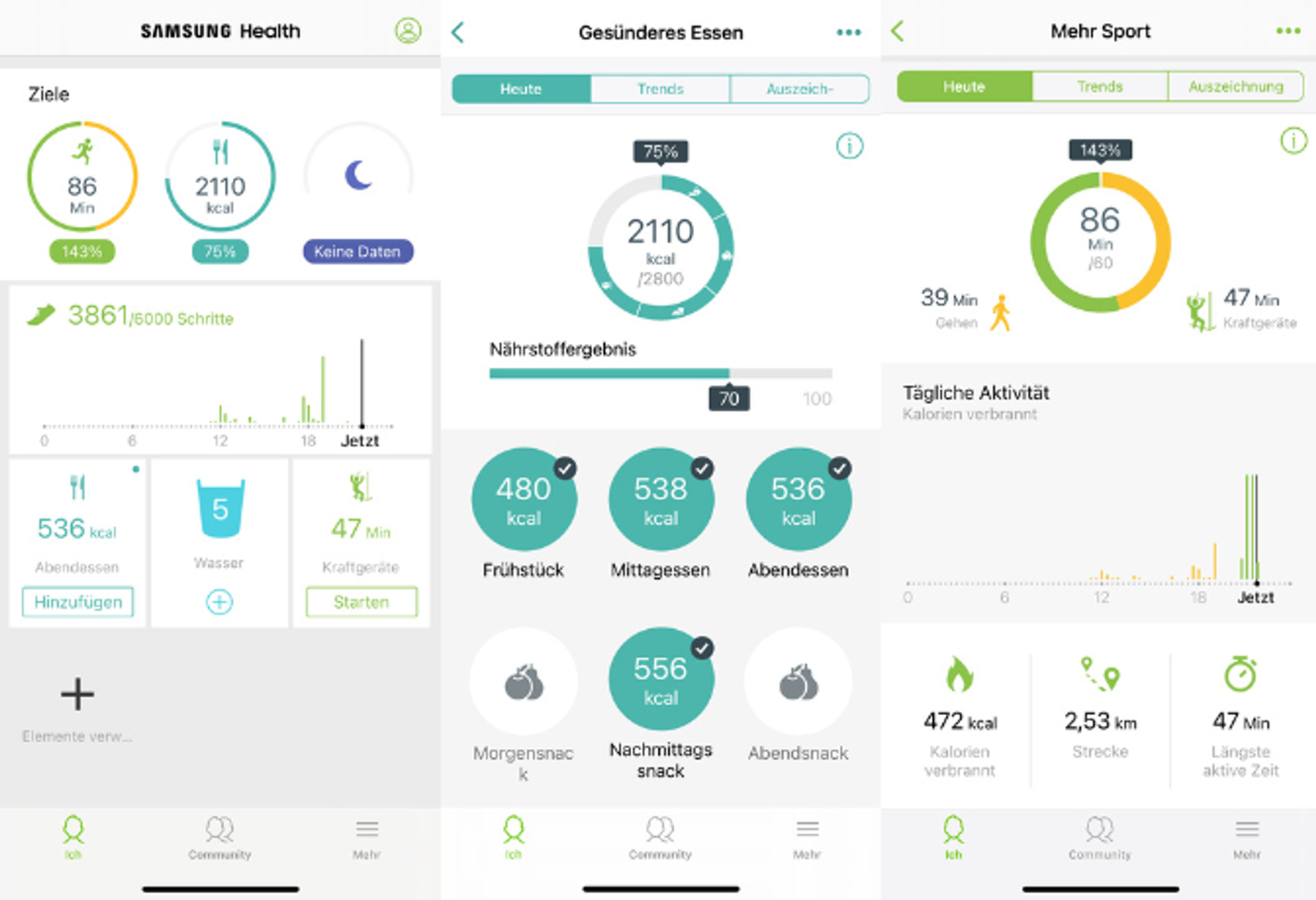 Screenshots der Anwendungsoberfläche von Samsung Health