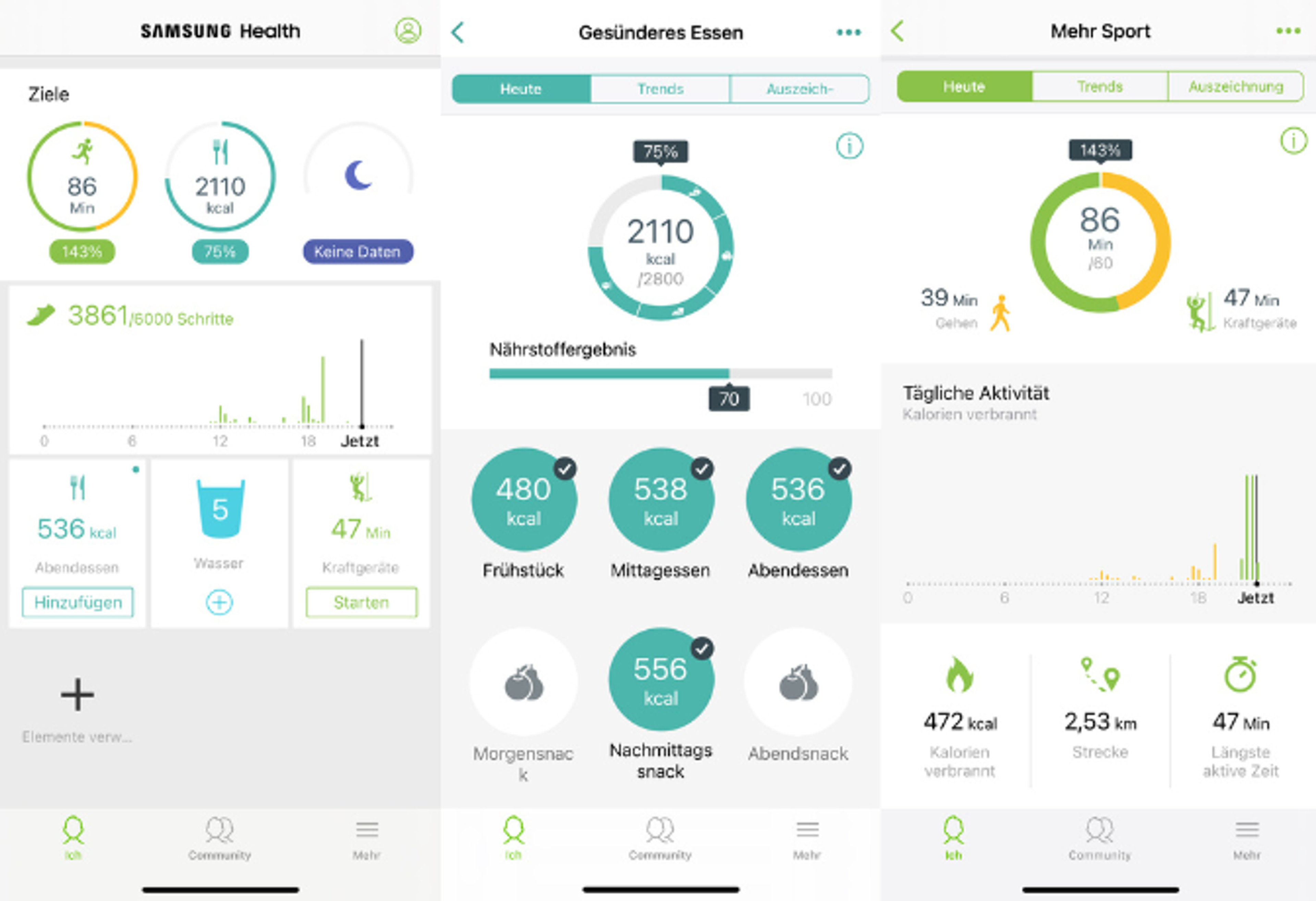 Screenshots der Anwendungsoberfläche von Samsung Health
