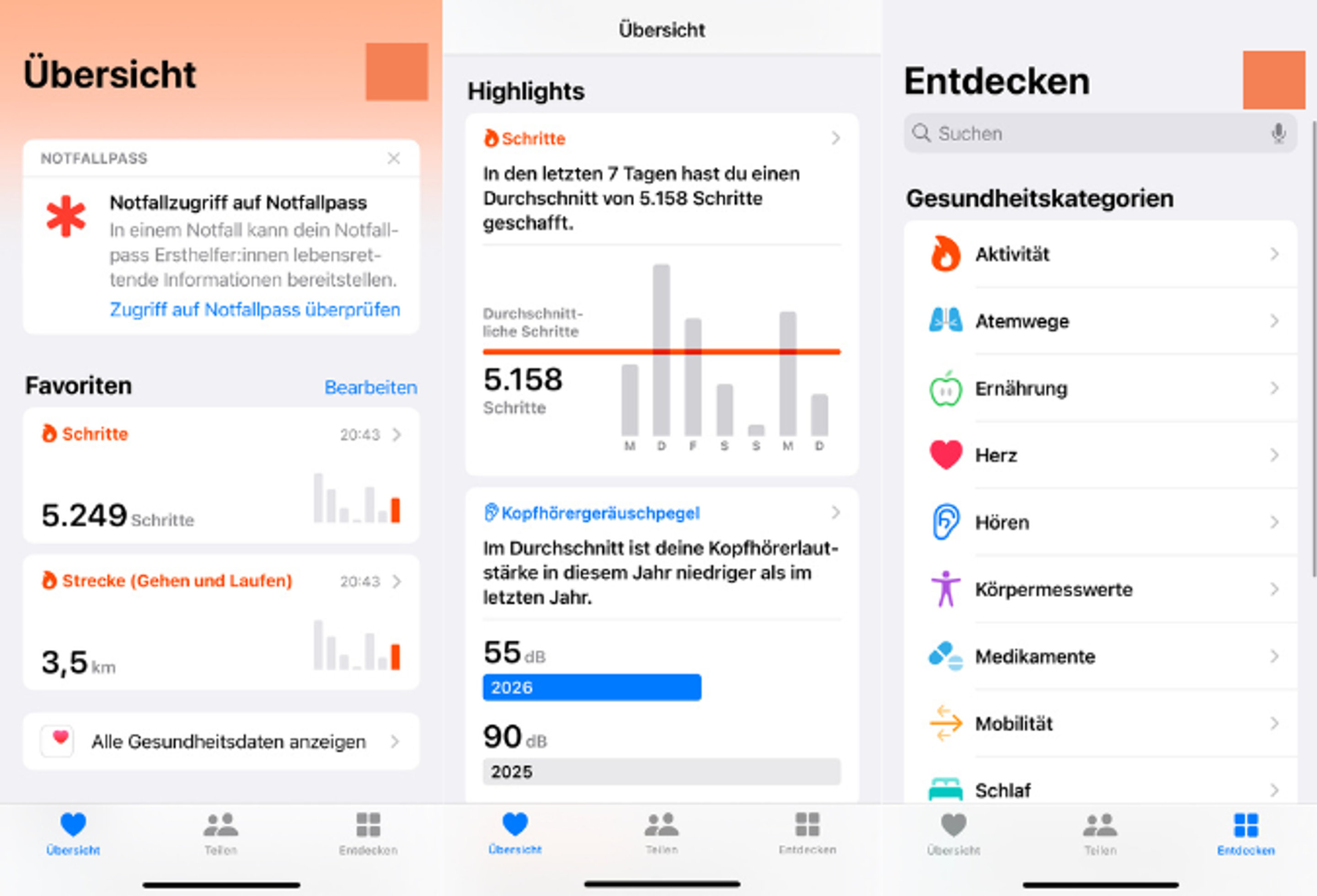 Screenshots der Anwendungsoberfläche von Apple Health