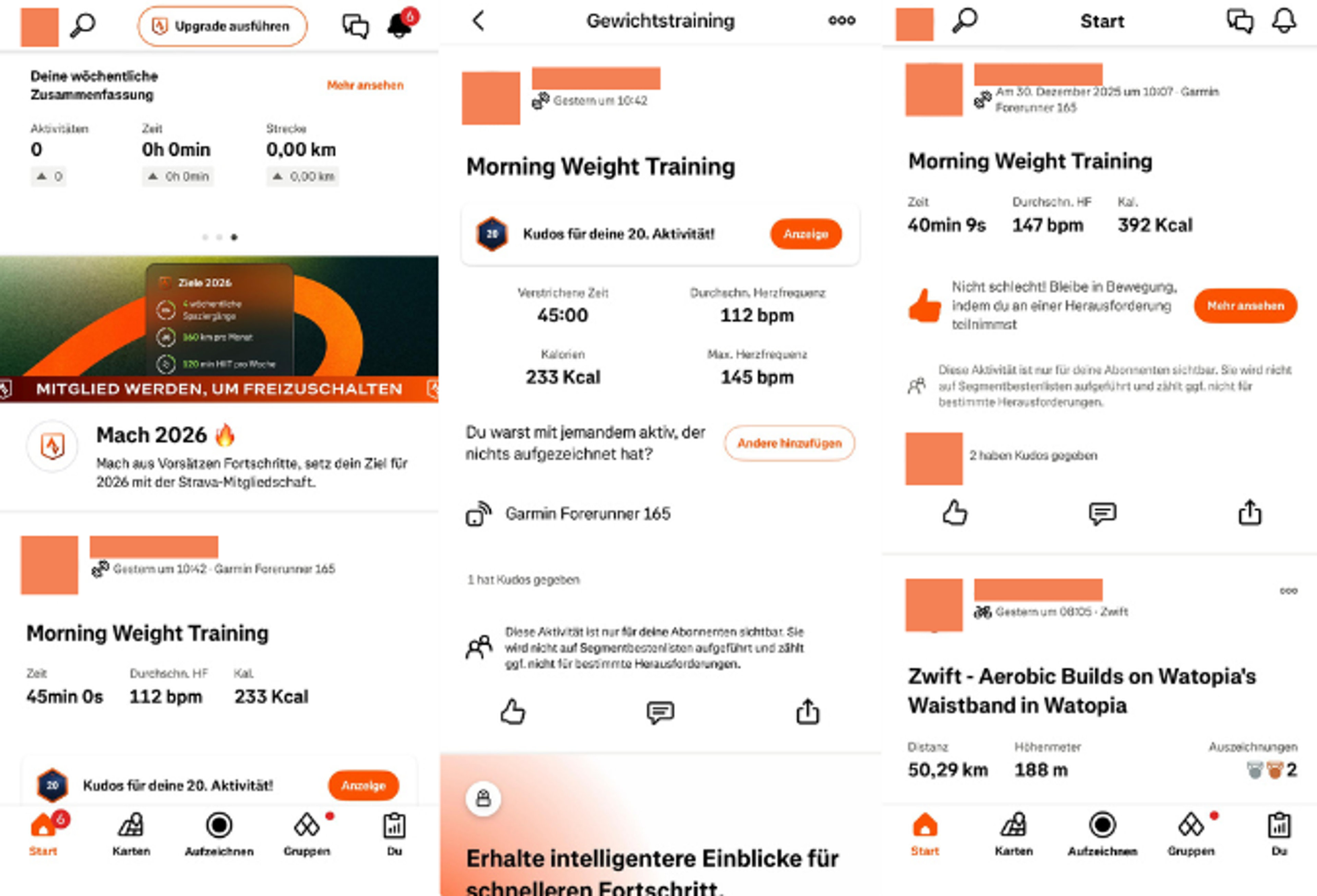 Screenshots der Anwendungsoberfläche von Strava