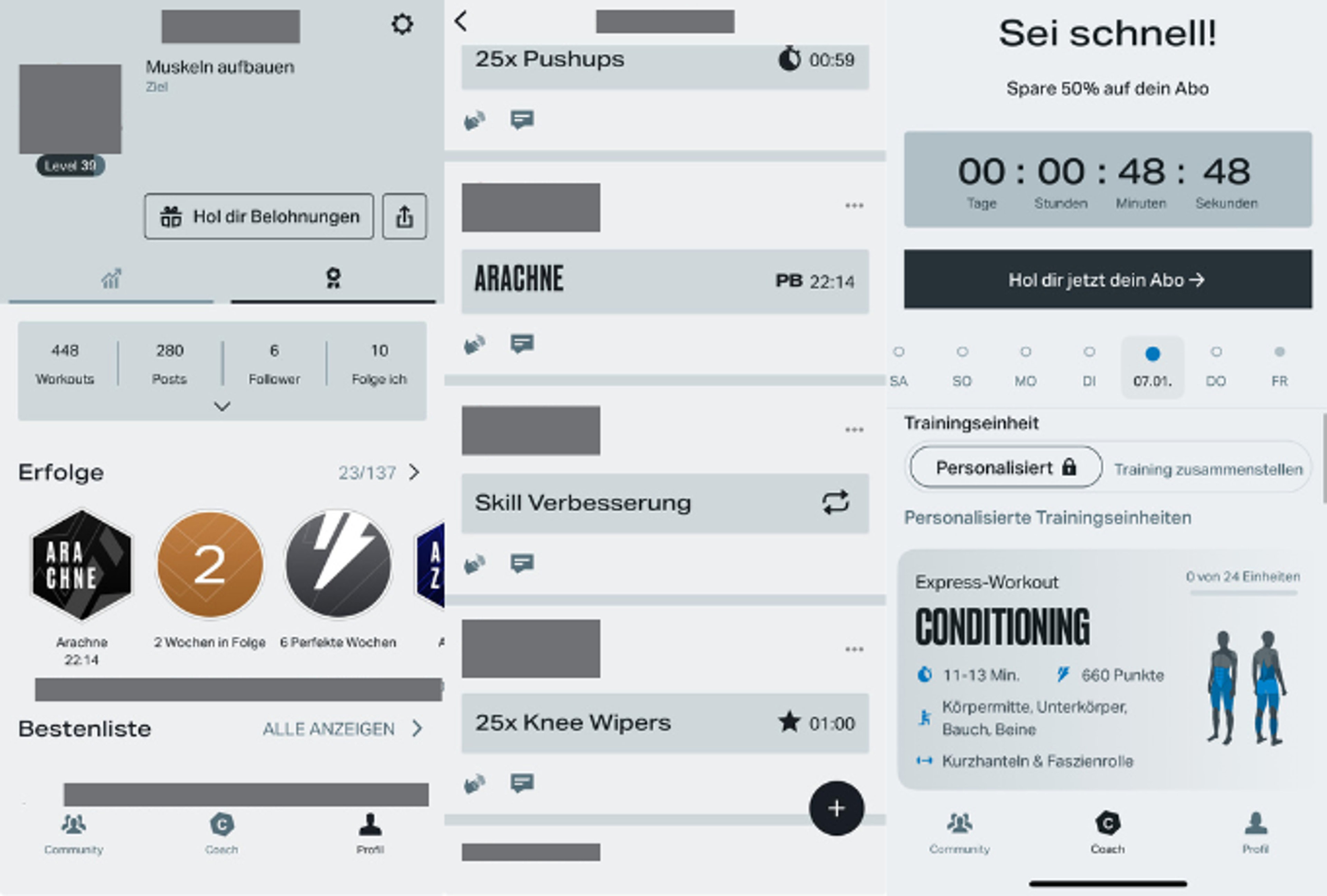 Screenshots der Anwendungsoberfläche von Freeletics