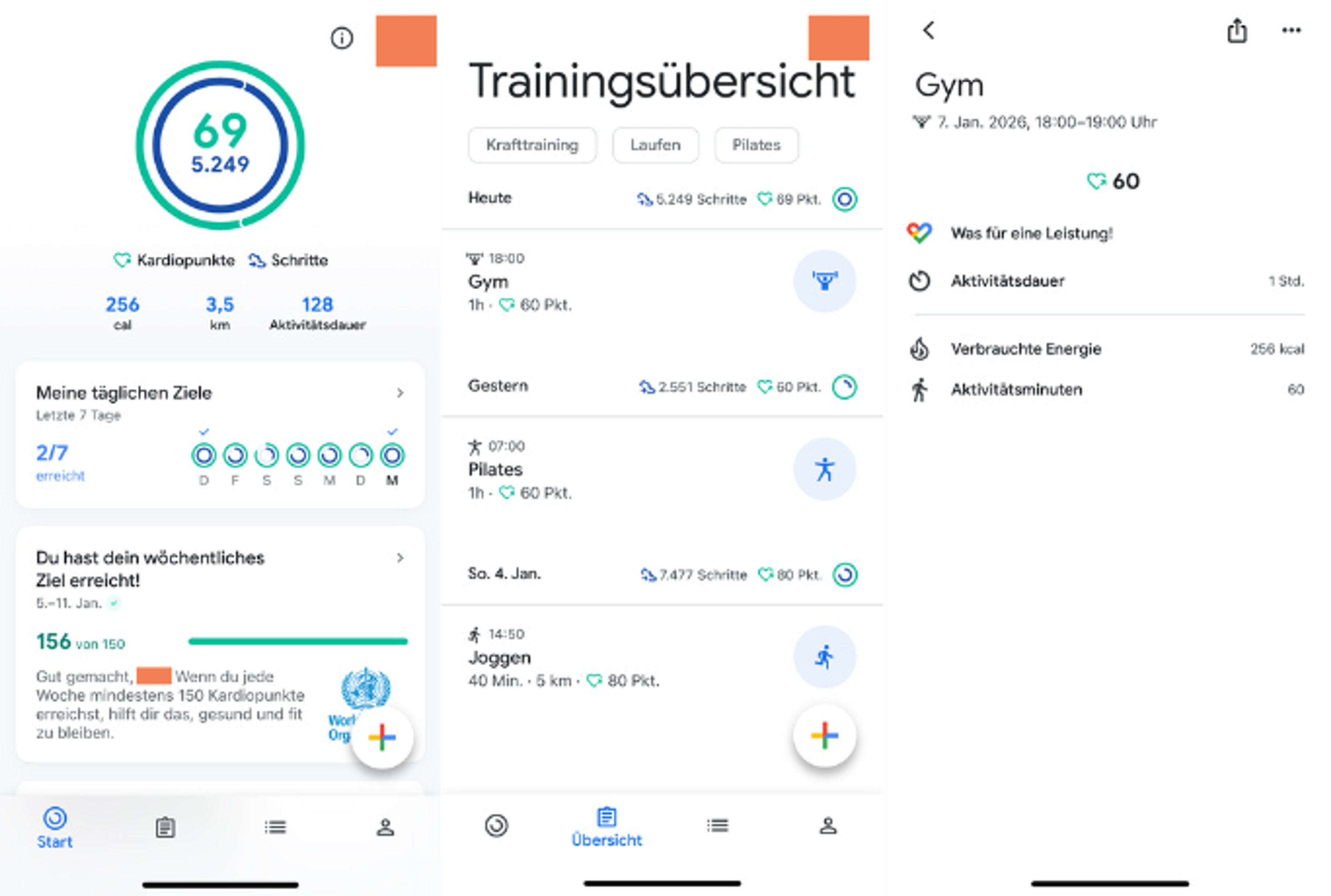 Screenshots der Anwendungsoberfläche von Google Fit