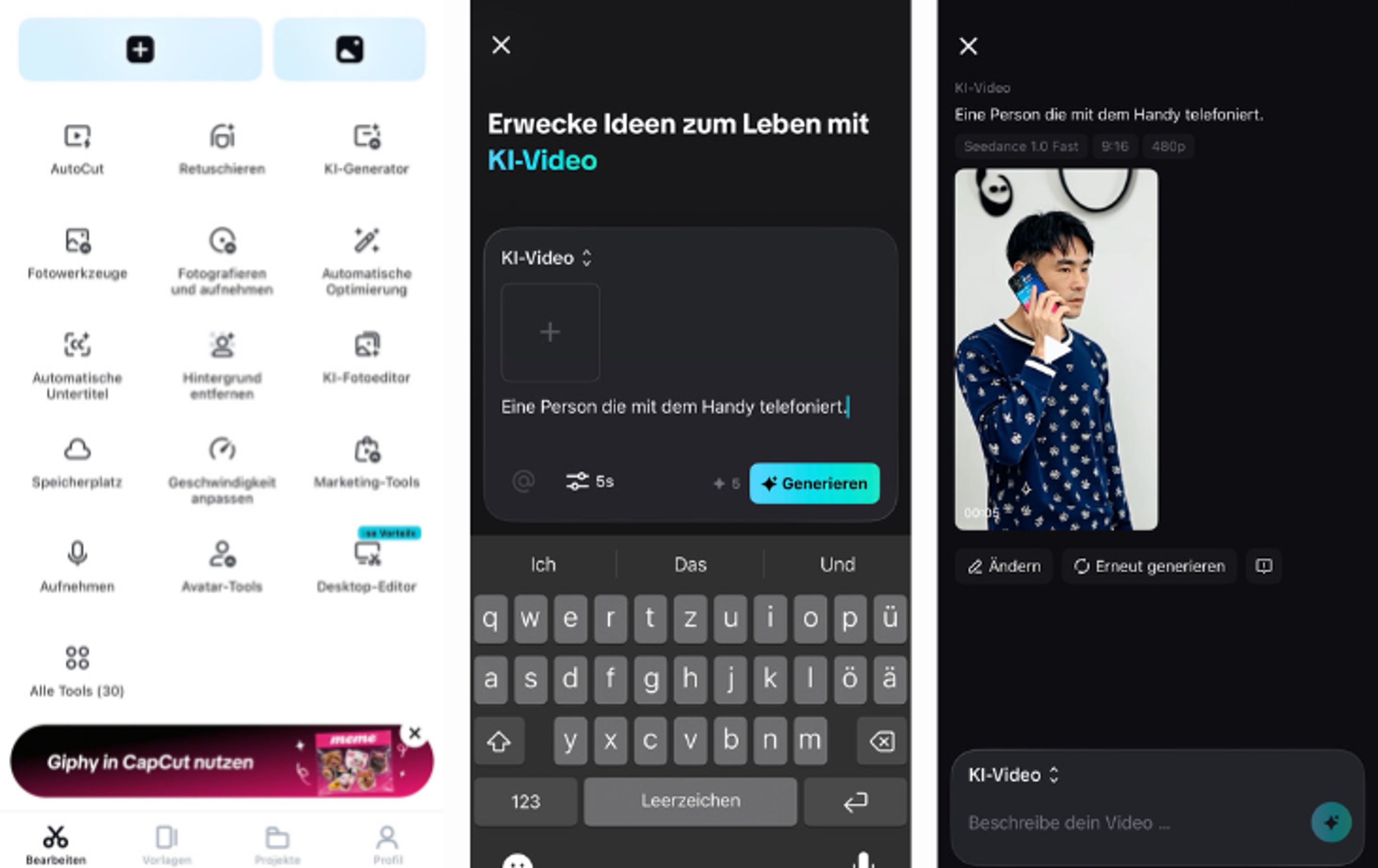 Screenshot der KI App CapCut