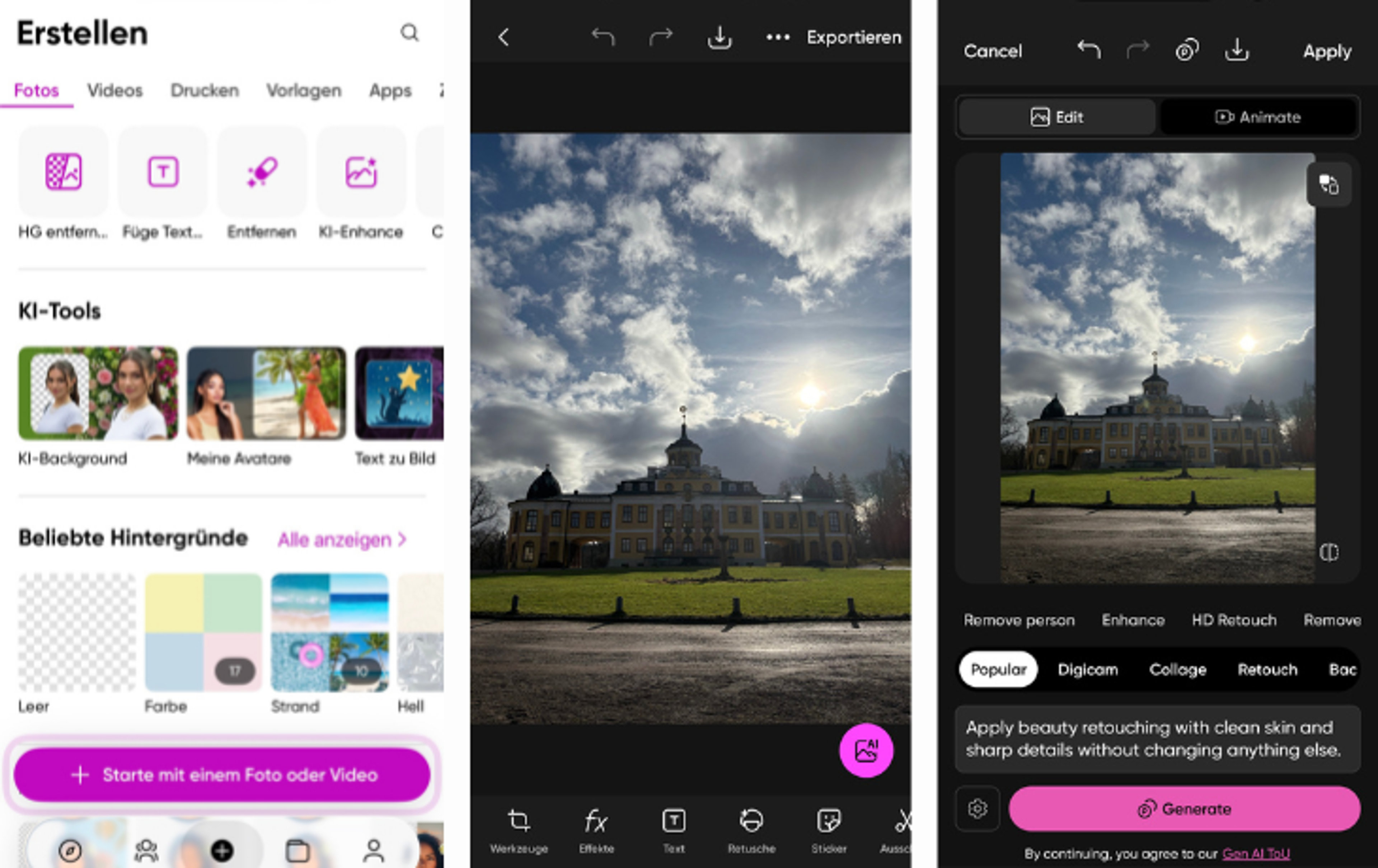 Screenshots der Bildbearbeitungs-App Picsart