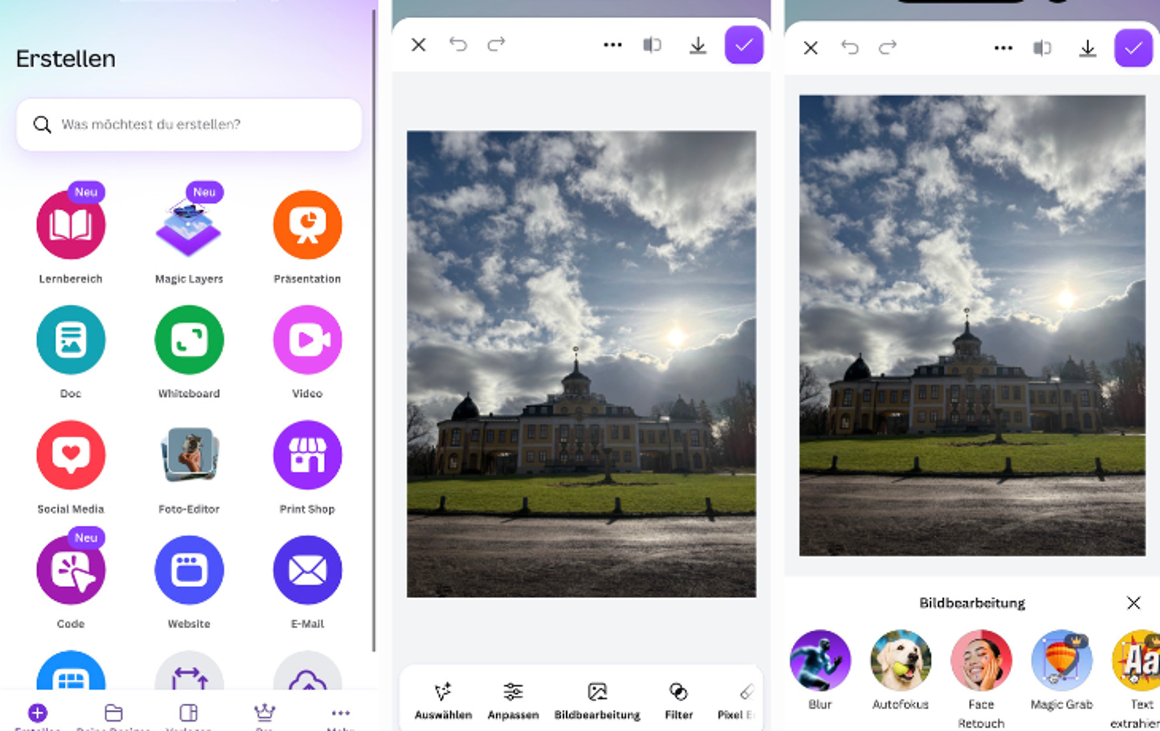 Screenshots der Bildbearbeitungs-App Canva