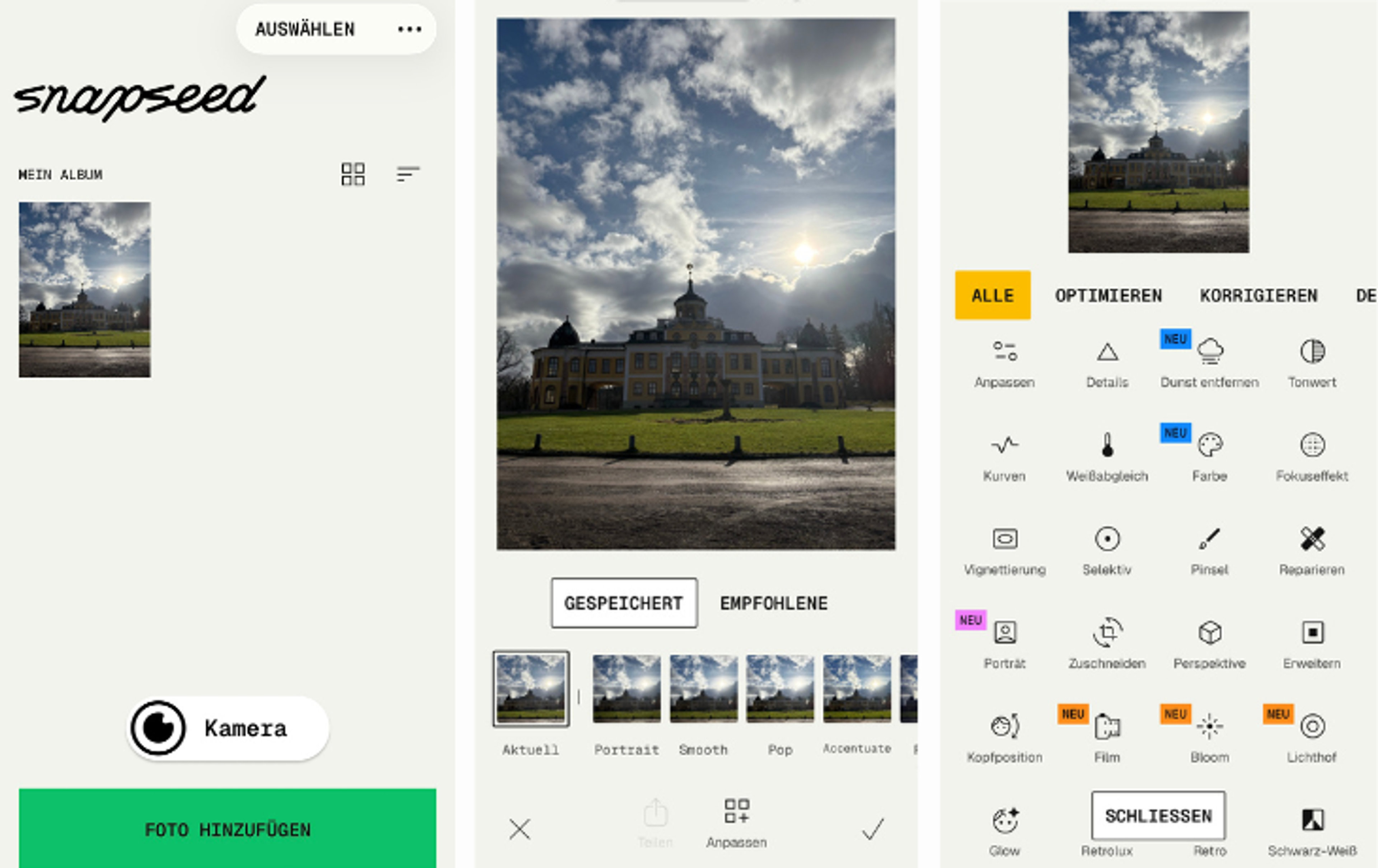 Screenshots der Bildbearbeitungs-App Snapseed