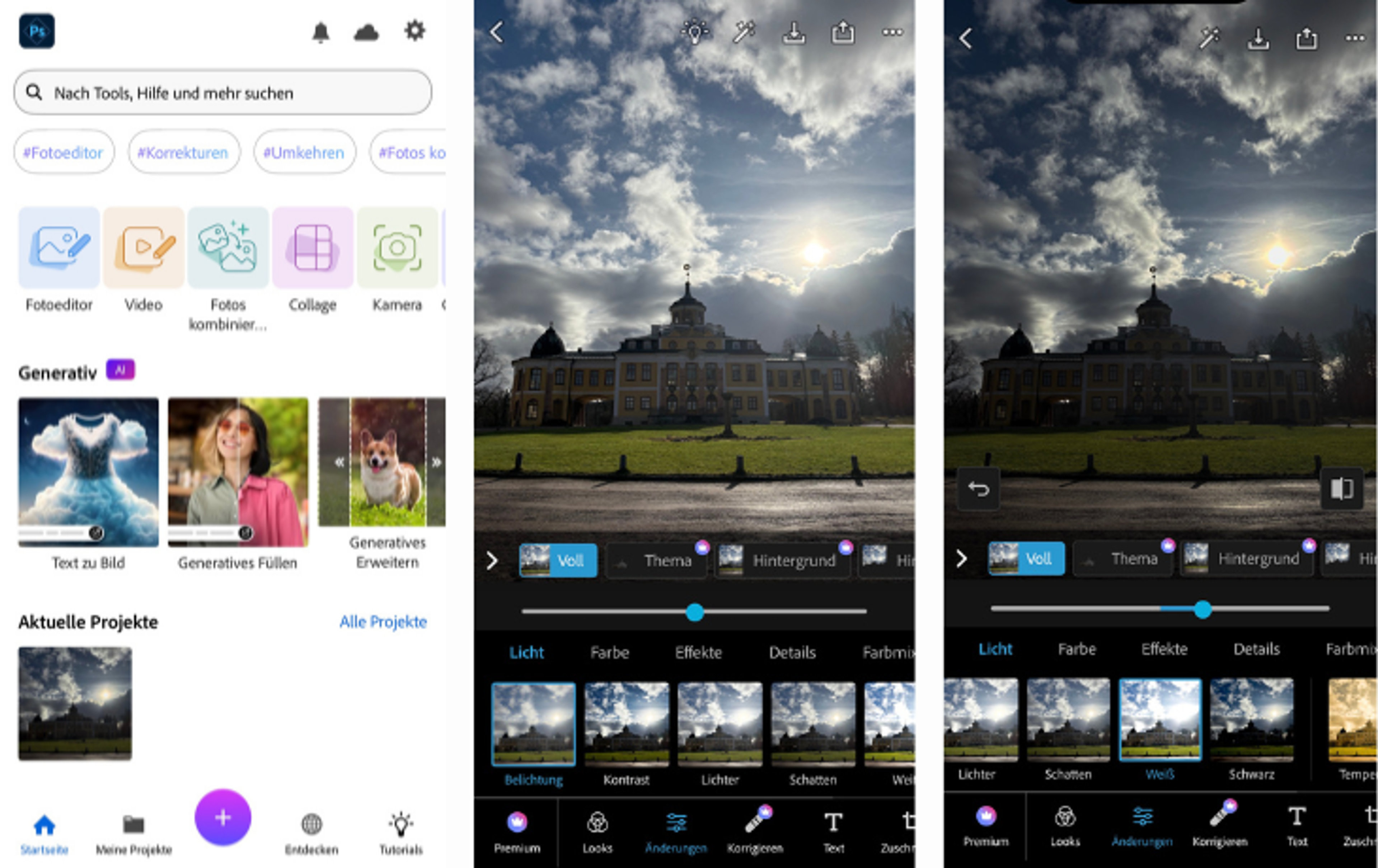 Screenshots der Bildbearbeitungs-App Photoshop Express