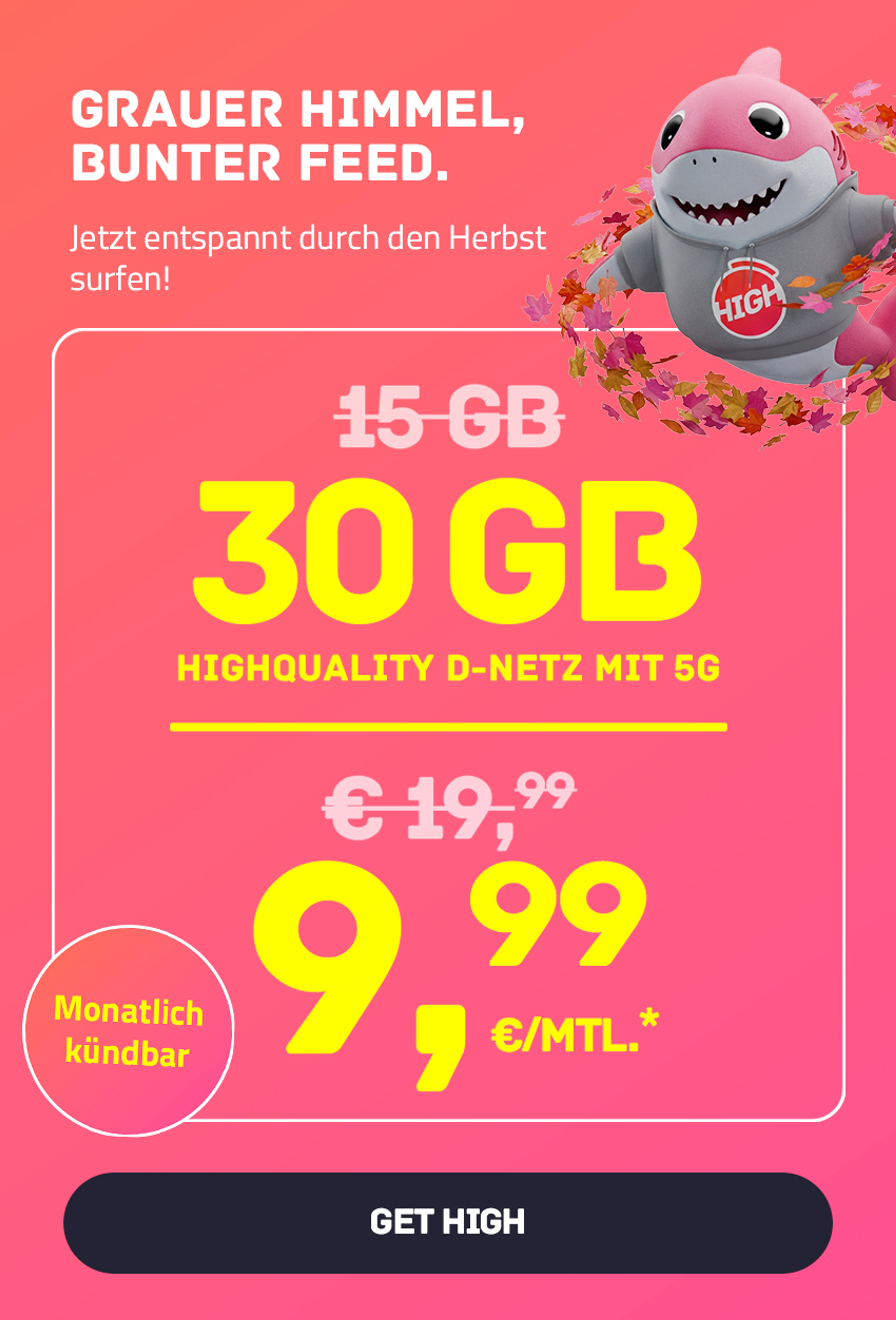 Flex-Tarif High S mit 30 GB 5G für mtl. €9,99* | Monatlich kündbar