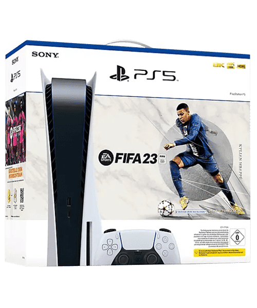 Sony PlayStation 5 Disc Edition inklusive Fifa 23 mit Vertrag günstig bei Sparhandy Sony PlayStation 5 Disc Edition inklusive Fifa 23 Front-Backansicht